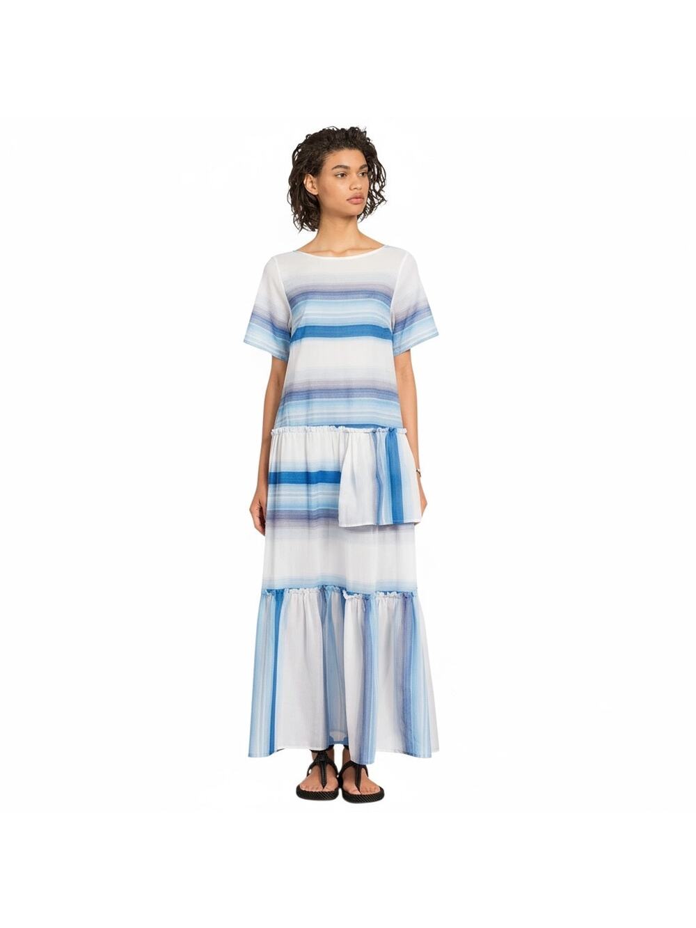 Lemlem Lightweight Striped Tiered Maxi Dress Pullover Size XS in Blue